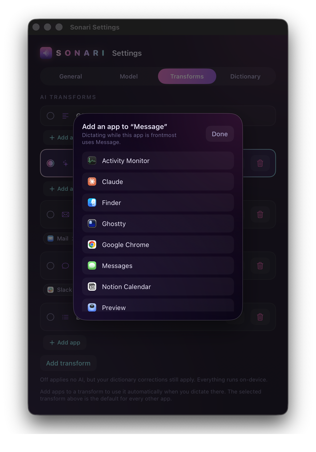 The Add-app picker listing the apps running right now, each with its icon