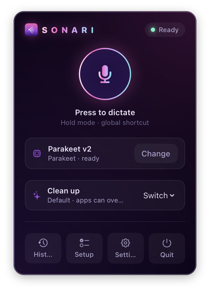 Sonari's menu-bar panel: the record button, the current model, and your active transform