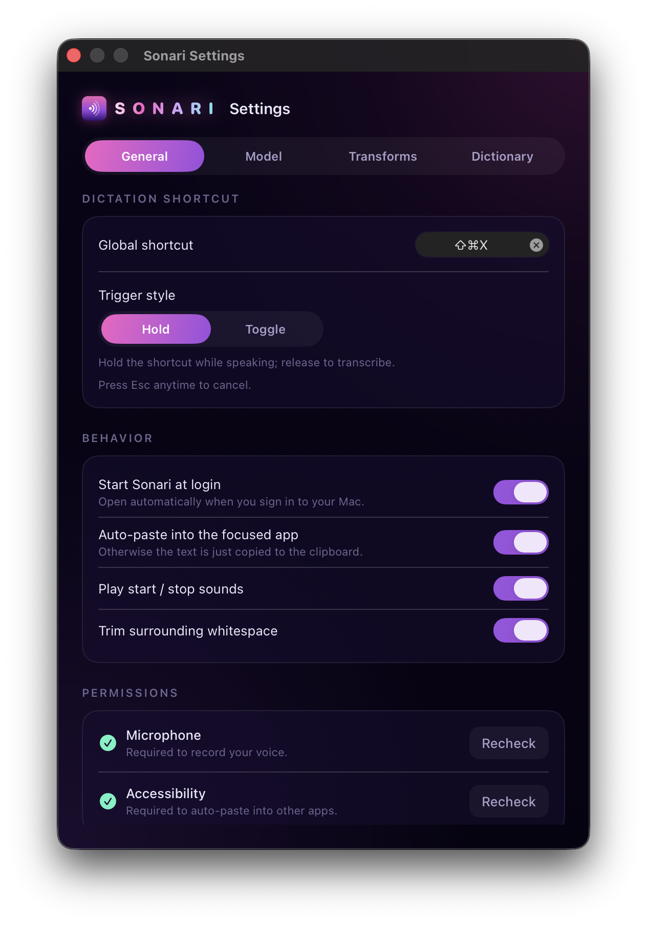 The General tab in Settings: your dictation shortcut, behavior toggles, and permissions