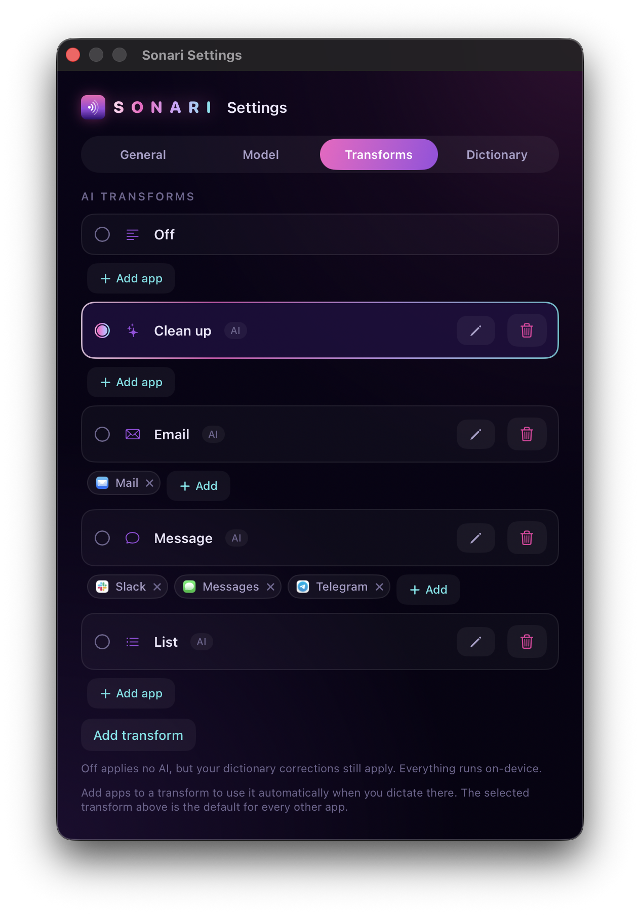 Transforms settings with Slack, Messages, and Telegram mapped to the Message transform, and Mail to Email