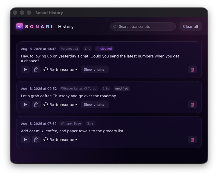 The History window listing past dictations with their model, duration, and tags
