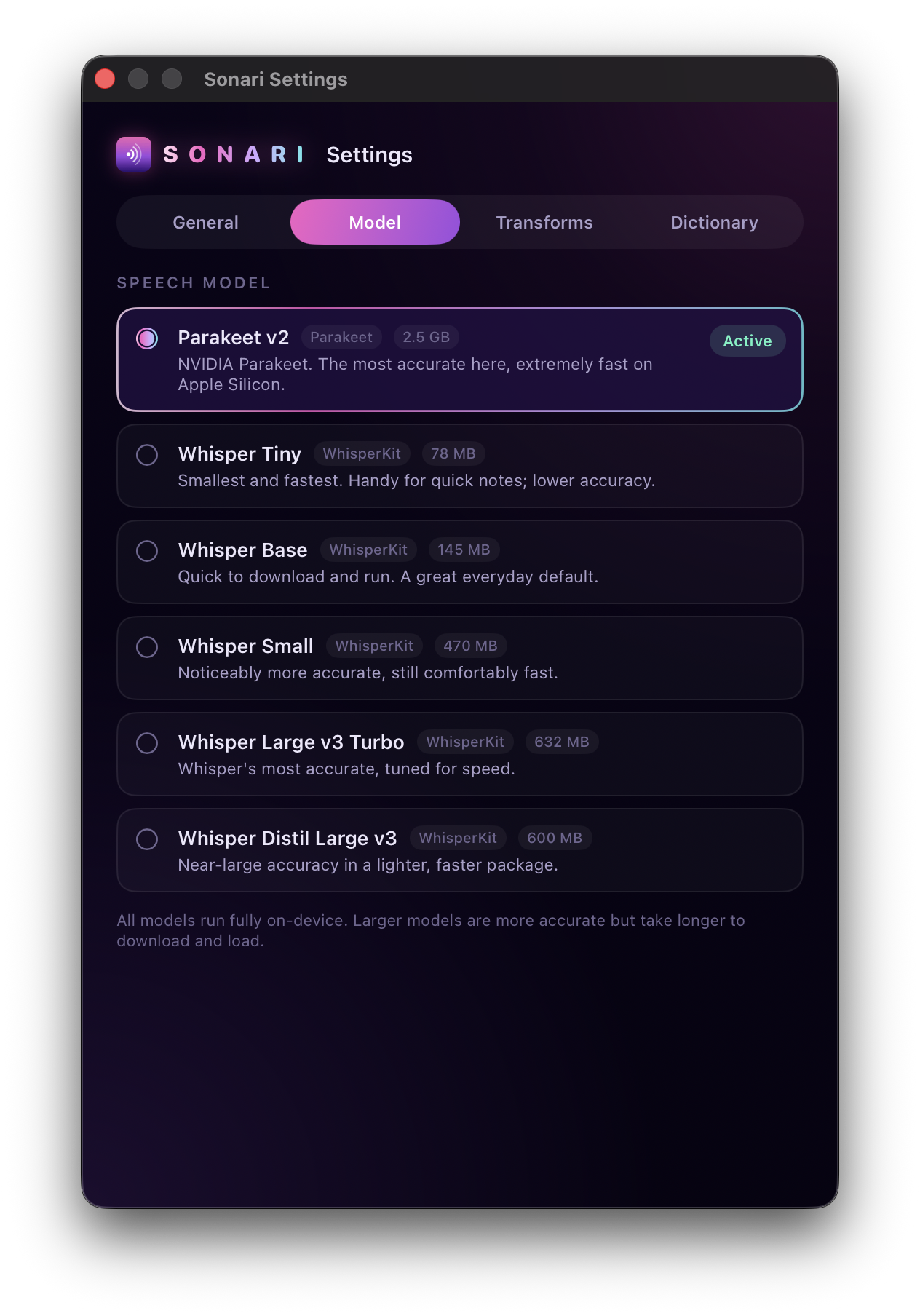 The Model tab with Parakeet v2 active and the Whisper models listed